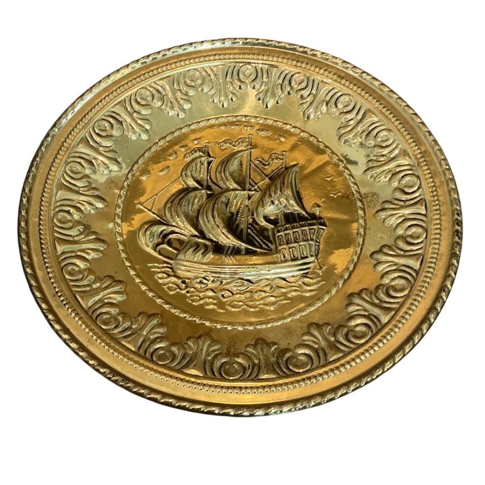 Vtg Coppercraft Guild Brass Wall Plate 12" Gold Embossed Ship Nautical England